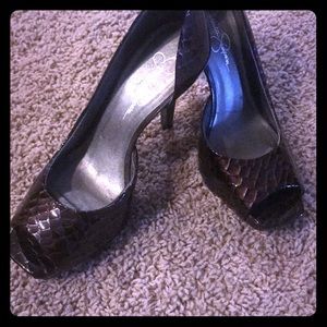 Brown patent leather snakeskin pattern heels